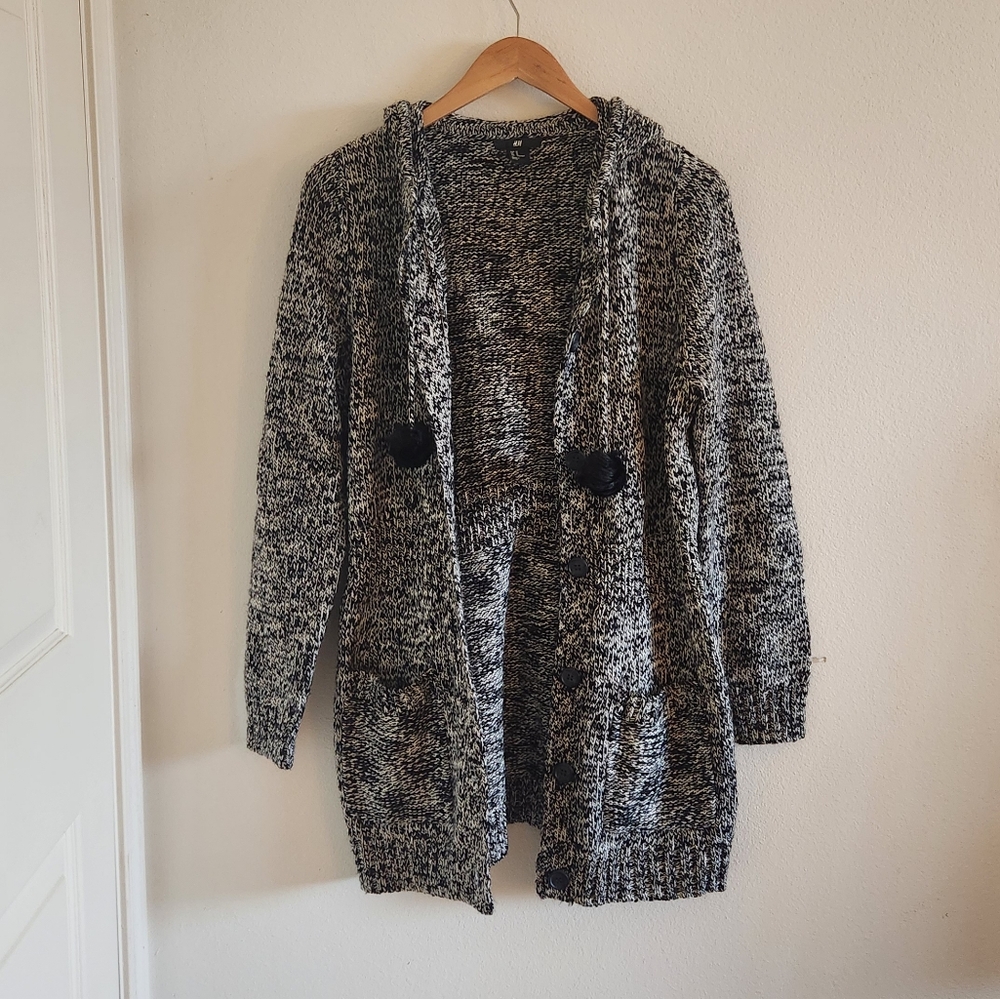 H&M knitted long black and white cardigan with black pompom